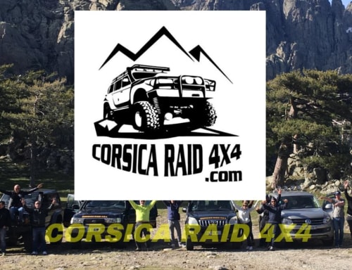 Corsica Raid 4x4 logo with mountain backdrop and adventure vehicle at Alma Rossa, Lecci