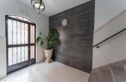 Entrada moderna de apartamento en Mérida con pared de acento oscuro, planta en maceta y puerta de marco negro con vistas a la ciudad