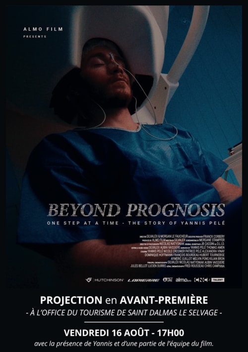Affiche de projection de la première du film « Beyond Prognosis » l'histoire de Yannis Pelé en VVT et de son accident à Saint-Dalmas-le-Selvage