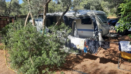 Camping La Lézardière à La Valette du Var avec caravanes garées sous les arbres et vue sur les jardins