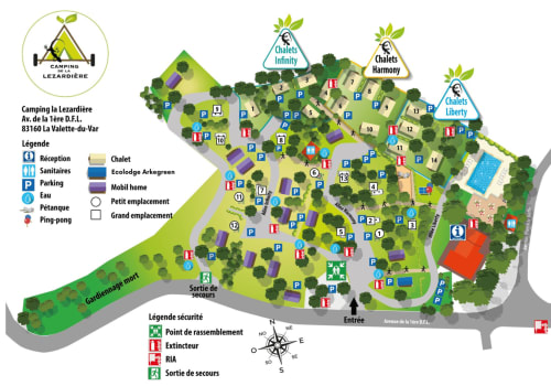 Plan du camping La Lézardière : chalets, installations, parking et commodités à La Valette du Var