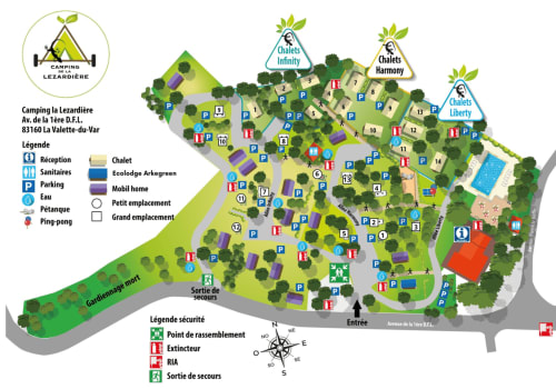 Plan du camping La Lézardière montrant les chalets, équipements, parking et aménités à La Valette-du-Var