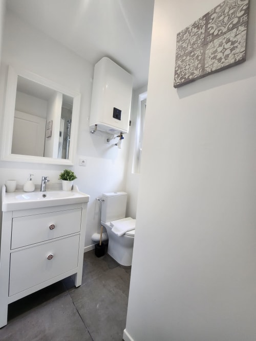 Salle de bain moderne à l'Appart Hôtel Panambi avec vasque blanche, miroir, toilettes et art mural