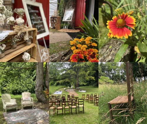Collage Domaine de l'Ocrerie: decoración rústica de jardín, flores coloridas, áreas de descanso en el campo francés