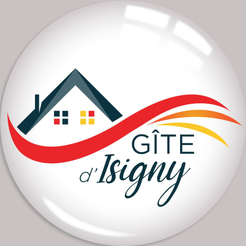 Au Gite d'Isigny logo: house with colorful windows and red wave design, Isigny-sur-Mer bed and breakfast