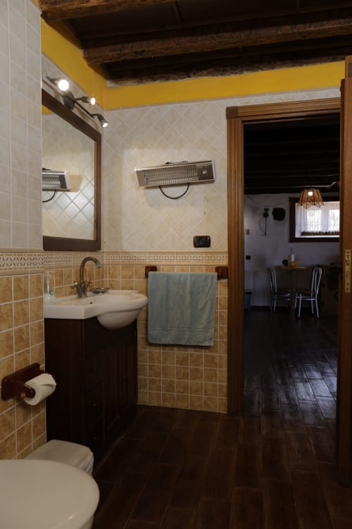 Bathroom with toilet, sink, mirror and heated towel rack at Casonas de Marengo cottage in Icod de los Vinos