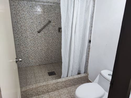 Baño moderno del Hotel Estrella Matamoros con ducha tipo walk-in, inodoro blanco y pisos de azulejos de mosaico