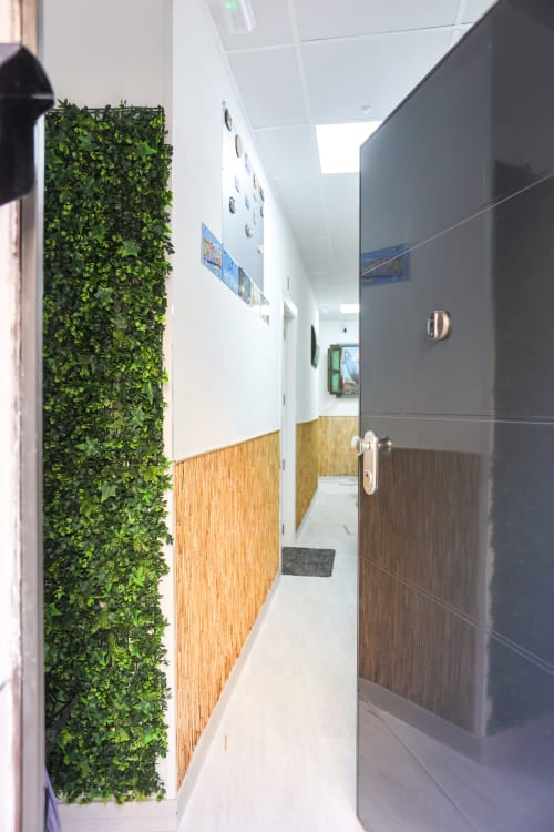 Moderno pasillo de Apartamentos Huelintown en Málaga con jardín vertical, detalles en madera y puertas oscuras