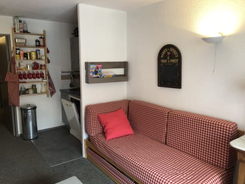  "Salon de l'appartement à Vars-les-Claux, avec un canapé aux teintes inspirées du sol de picnic, créant une ambiance chaleureuse et décontractée, parfaite pour se détendre après une journée à la montagne."

