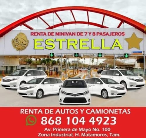 Letrero de renta de autos Estrella con vehículos blancos en Matamoros, México. Se renta minivans y autos.