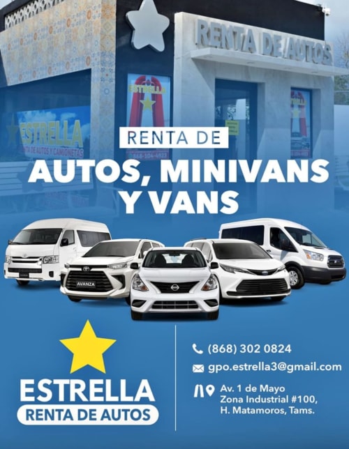 Fachada de la rentadora Estrella en Matamoros con autos, minivans y vans disponibles con detalles de contacto