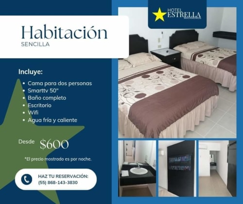 Habitación Sencilla Hotel Estrella Matamoros con cama doble, TV 50", baño, escritorio, WiFi desde $600