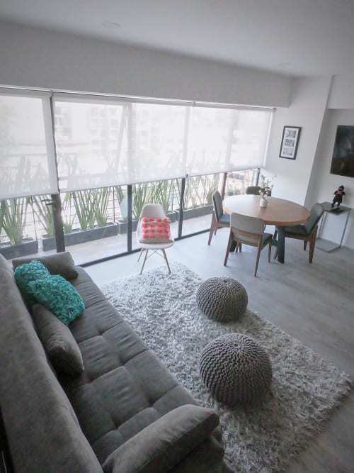 Sala moderna de apartamento en CDMX con sofá gris, mesa de comedor, cactus en macetas y ventanales que dan vistas a