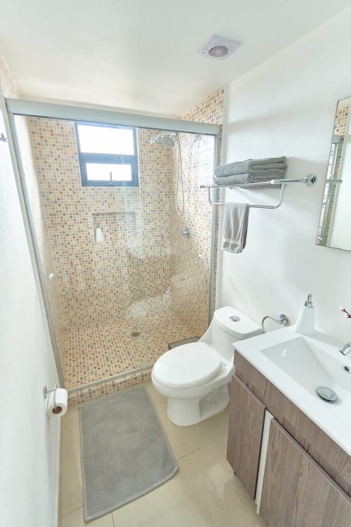 Baño moderno con ducha de azulejos mosaico, accesorios blancos y tocador en apartamento Pares Homes en la Ciudad de México