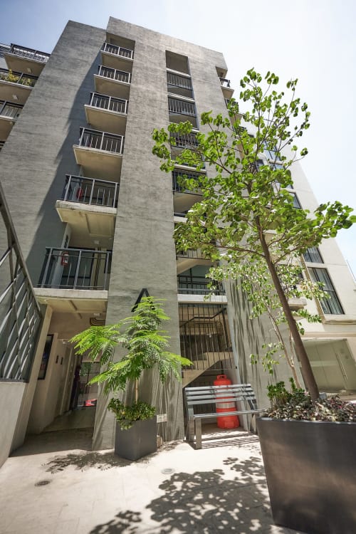 Moderno edificio de apartamentos en Pares Homes CDMX con balcones, áreas verdes y arquitectura contemporánea