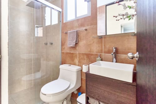 Baño moderno en apartamento Pares Homes en CDMX con ducha de vidrio, lavamanos blanco, inodoro y paredes de azulejos terracota cálido