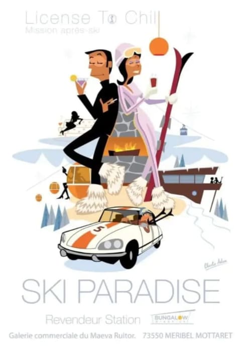 Affiche vintage de la station de ski de Méribel avec un élégant couple et des activités hivernales