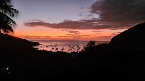 Coucher de soleil sur la baie de Deshaies avec voiliers amarrés, palmiers tropicaux et falaises boisées aux Hauts De Deshaies