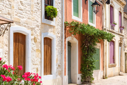 Charmants bâtiments en pierre MAS PETIT CORBIERE B&B à Aigues-Mortes avec portes colorées, lierre et fleurs roses éclatantes
