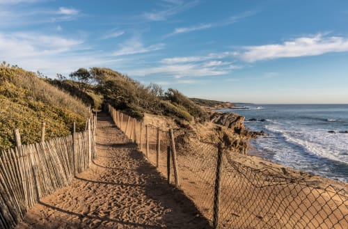 Sentier de plage de sable avec clôture de dune près d'Aigues-Mortes, vue côtière française