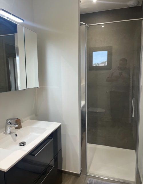 Modern bathroom in Les FOUDRES villa at La Conciergerie De Franck with walk-in shower, sink, and mirror.