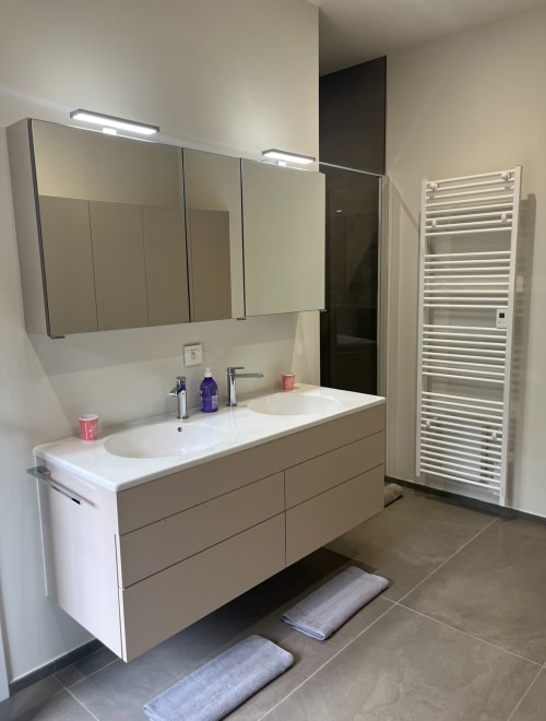 Modern bathroom in Les FOUDRES villa at La Conciergerie De Franck with vanity sink, mirror cabinets, and heated towel rack