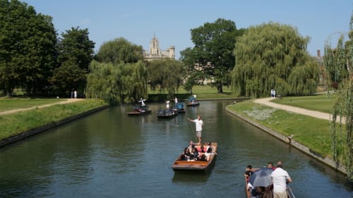Punting on the River Cam near Cambridge, with willow trees and a castle visible in the background