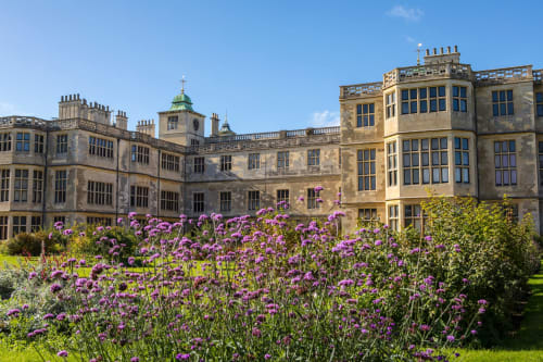 Historic stone manor with purple flowers at Grapevine Studio, Waterbeach, Cambridge
