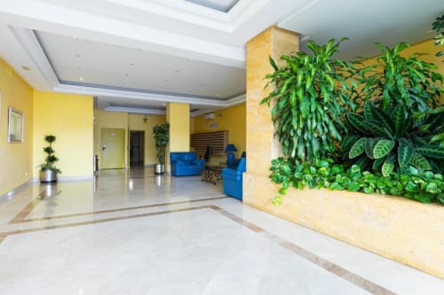 Modern apartment lobby in Puerto Banús, Marbella with yellow walls, green living wall, blue seating, and marble flooring