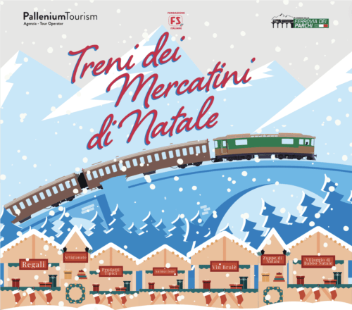 Cartel del tren del mercado navideño de Sulmona con puestos festivos y paisaje montañoso nevado