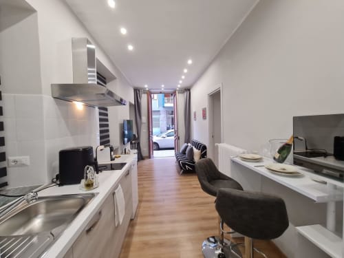 Moderna kuhinja apartmana Torino s blagovaonom, aparatima od nehrđajućeg čelika i sjedalima u Raymihome
