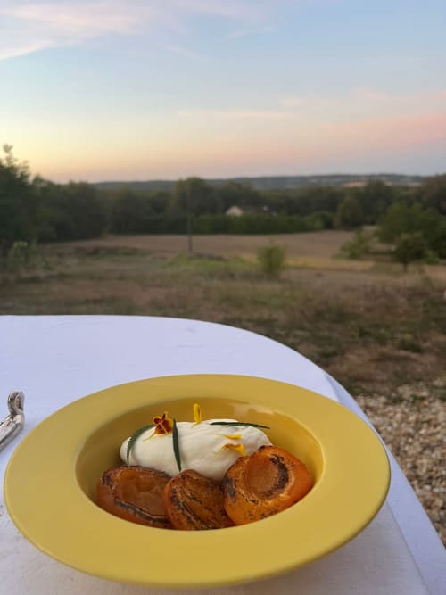 Assiette gastronomique avec pâtisserie et crème à Maisonaurinko BnB à Thénon, en pleine campagne française