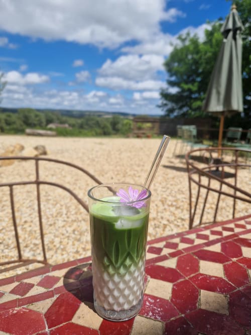 Cocktail vert avec fleur violette à la terrasse balnéaire de Maisonaurinko à Thénon, vue panoramique