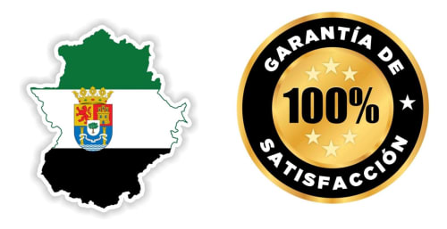 Bandera de Extremadura y sello de garantía 100% satisfacción del hotel Gestyp-AT en Mérida