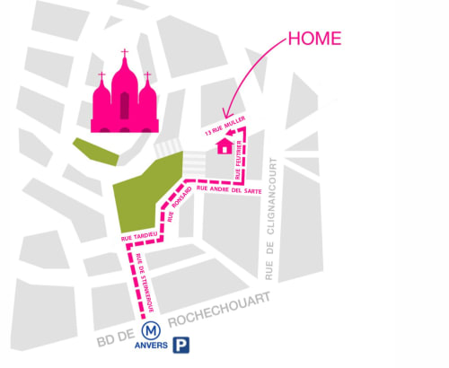 Map of Montmartre showing MONTMARTRE ROMANTIC B&B location near Sacré-Cœur cathedral, Paris