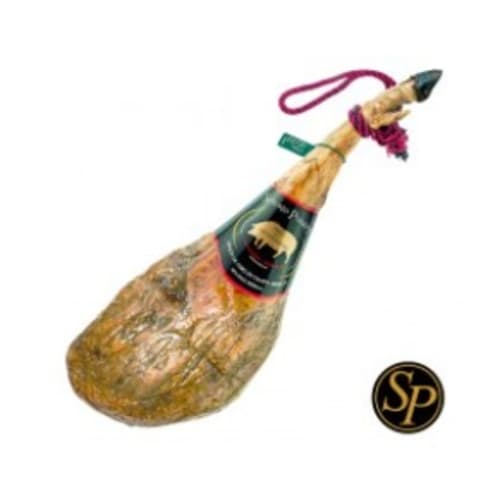 Pierna de jamón ibérico decorativa con presentación tradicional, hospitalidad de Mérida