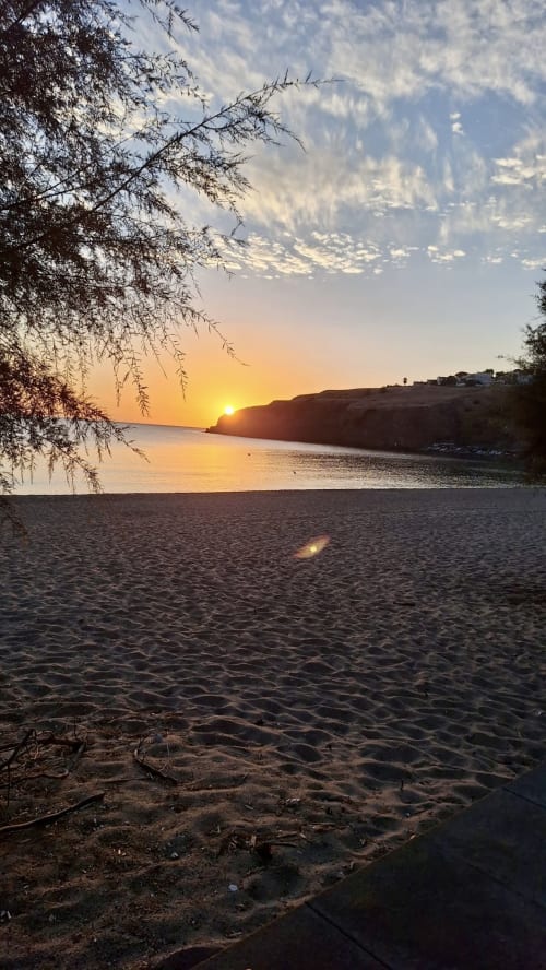 Tramonto ad Agnone Bagni con cielo dorato, acque calme, scogliere rocciose e rami di tamericio che incorniciano la vista.