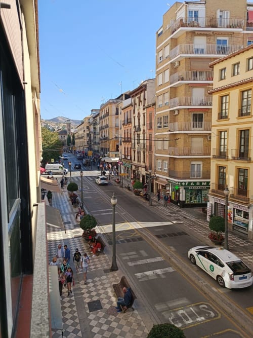 Vista de una calle comercial en Granada con edificios históricos, tiendas, peatones y actividad urbana bajo un cielo despejado.