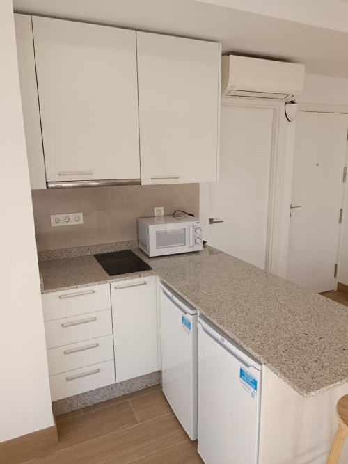 Cocina compacta con barra de granito, microondas, vitrocerámica y dos mini frigoríficos en apartamento de Granada.