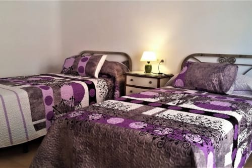 Habitación doble con camas individuales, textiles vibrantes y ambiente acogedor para un descanso perfecto.