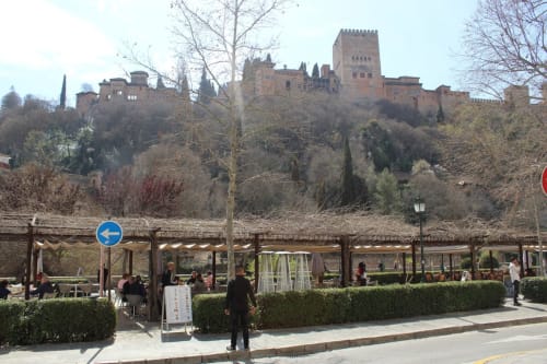 Vibrante terraza con vistas a la majestuosa Alhambra, rodeada de un paisaje natural.