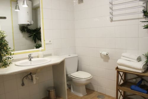 Baño moderno y luminoso, decorado con plantas para un ambiente relajante.