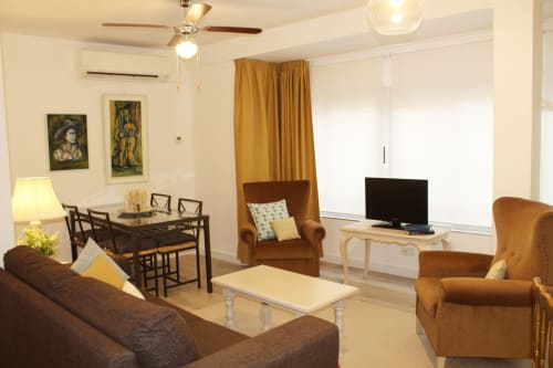 Acogedor salón con muebles cómodos, TV y una agradable decoración artística.