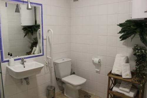 Baño moderno con lavamanos, inodoro, ducha y espejo. Azulejos blancos, detalles morados y plantas en un apartamento en Granada.