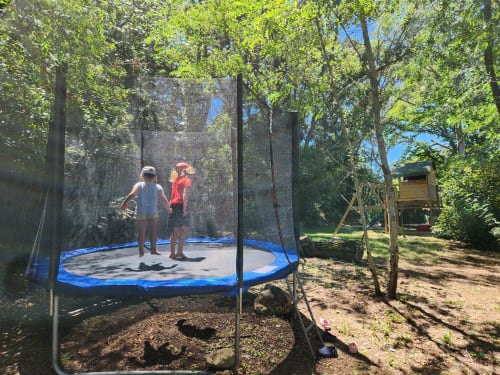Deux enfants sautent sur un trampoline bleu entouré de grands arbres au Domaine à l'Aise, un gîte familial accueillant
