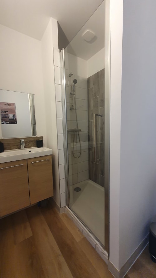 Modern bathroom in Gîte Des Cygnes, Locacharme, Blois with walk-in shower, wooden vanity and white walls