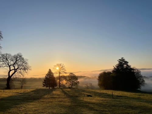 Lever de soleil brumeux sur les prairies verdoyantes du Château de Vaux Morvan, Étang sur Arroux