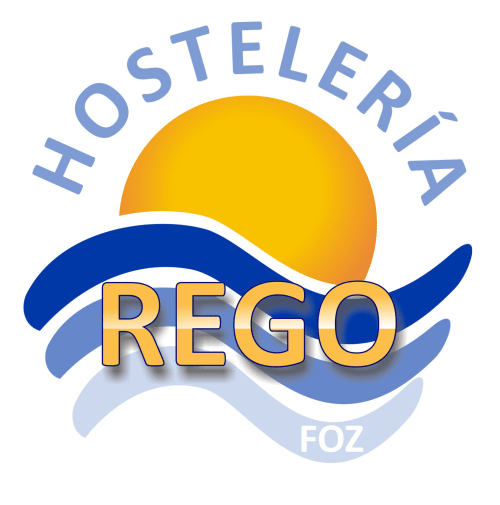 Logo de Hotel Rego Foz con sol, olas y manos en azul y dorado