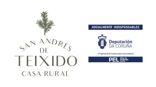 Logo de Casa Rural San Andrés de Teixido con emblema de palma gallega y distintivo de certificación del plan de empleo PEL