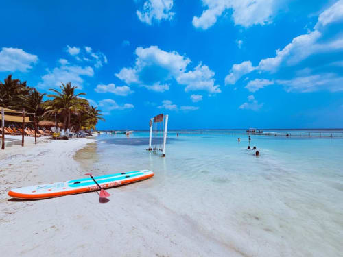Playa tropical en Mahahual con tablas de paddle, palmeras, agua turquesa cristalina y cielo azul